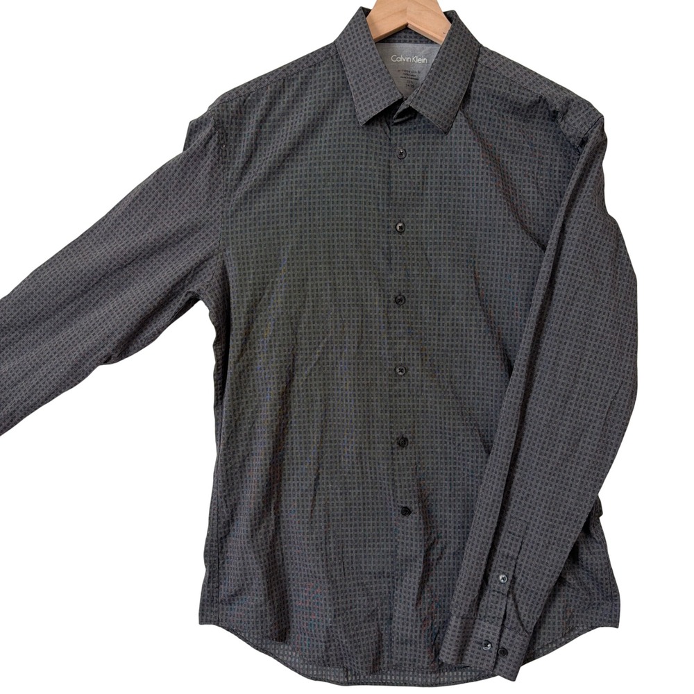Calvin Klein Dress Shirt Mens 15.5 34/35 Extreme Slim Fit Gray Micro Grid Cotton
